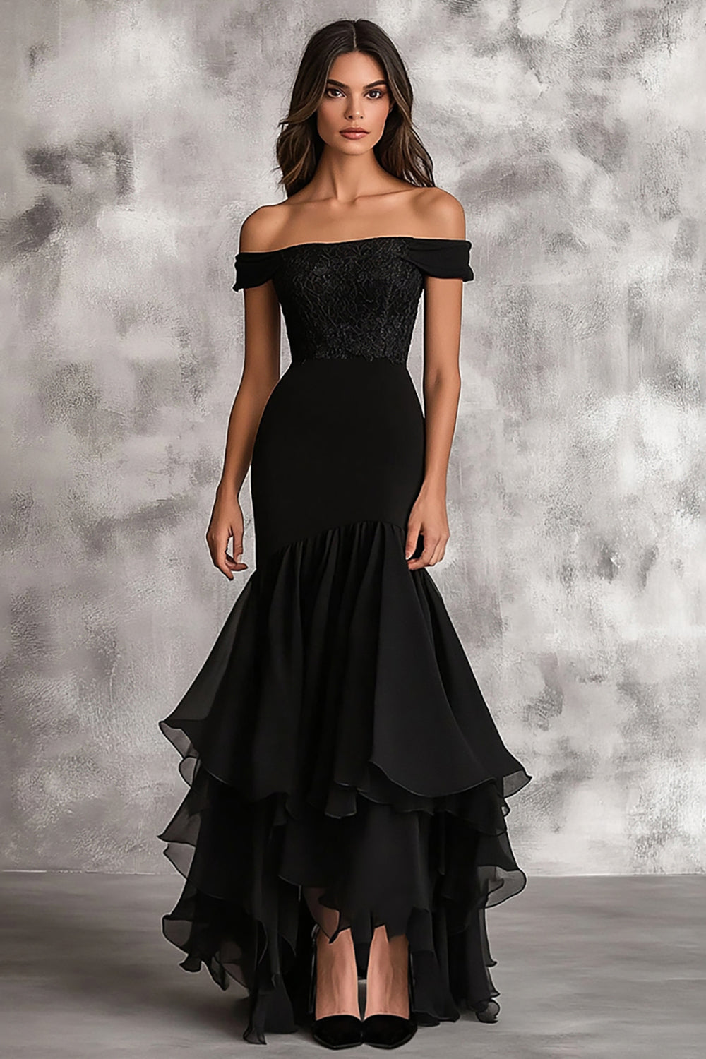 Schwarzes Schulterfreies Meerjungfrauen Kleid für Hochzeitsgäste mit Rüschen