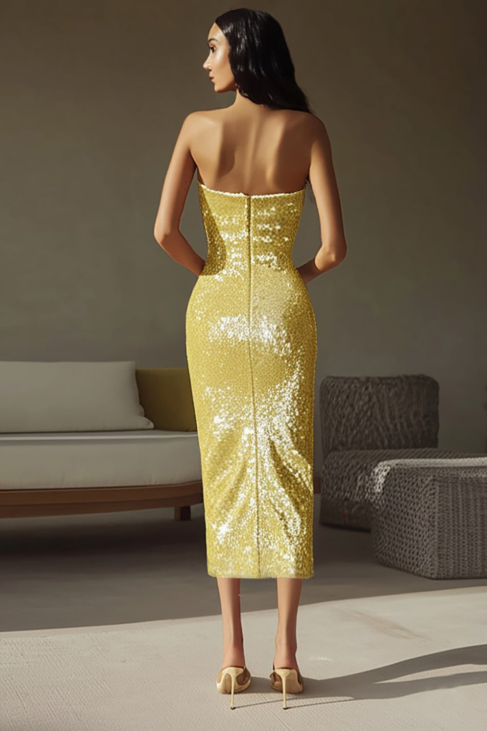 Funkelndes Gelbes Trägerloses Etui Ballkleid mit Pailletten
