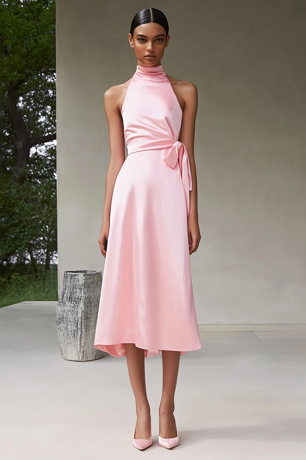 Rosa A-Linie Neckholder Teelänge Satin Partykleid
