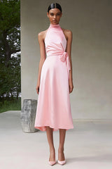 Rosa A-Linie Neckholder Teelänge Satin Partykleid