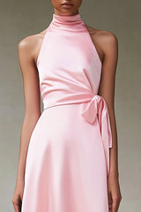 Rosa A-Linie Neckholder Teelänge Satin Partykleid