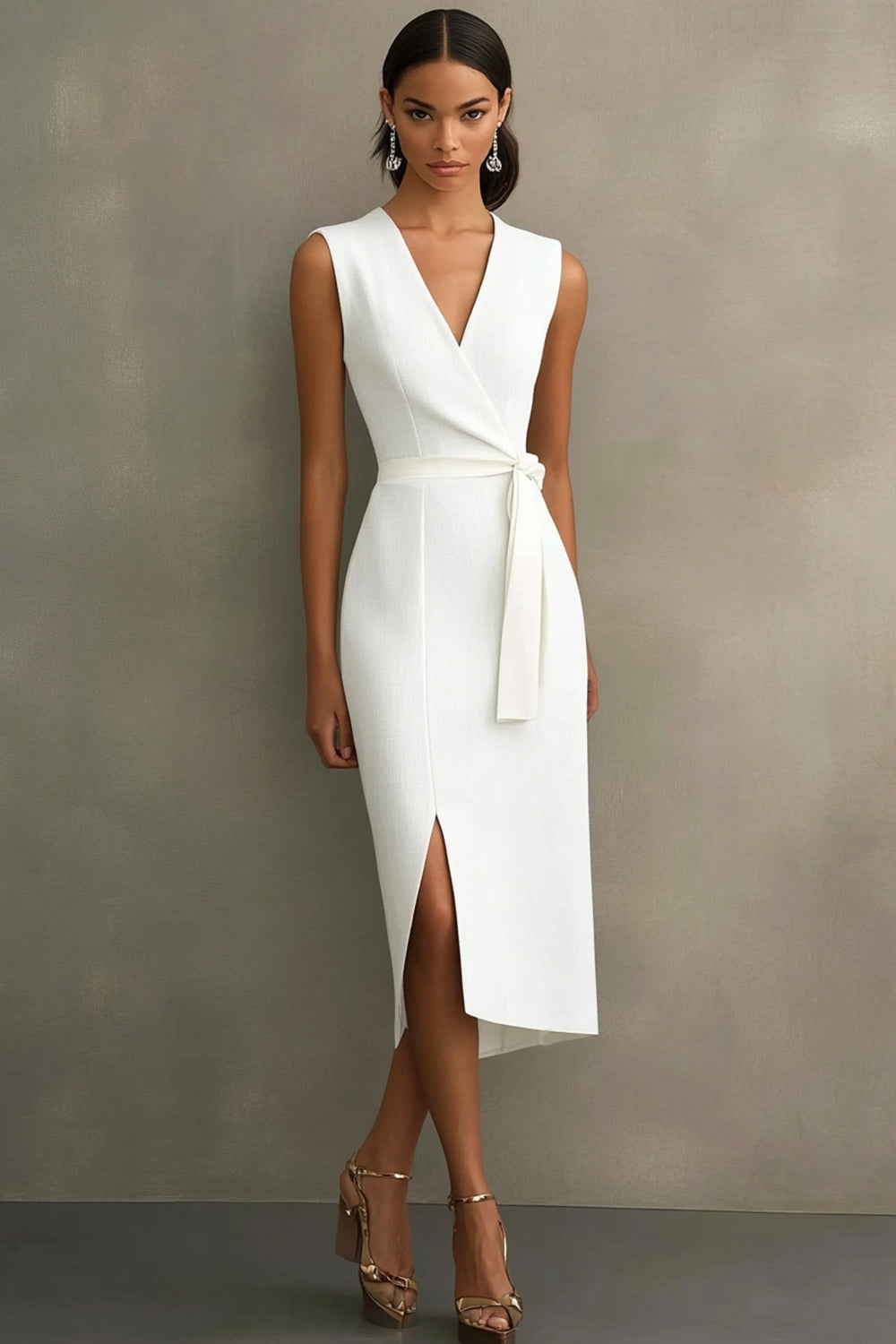 Weißes V-Ausschnitt Satin Standesamtkleid mit Gürtel