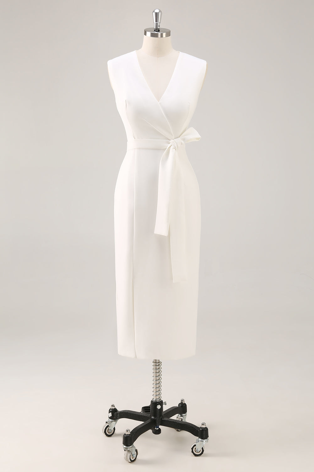 Weißes V-Ausschnitt Satin Standesamtkleid mit Gürtel