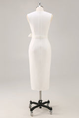Weißes V-Ausschnitt Satin Standesamtkleid mit Gürtel