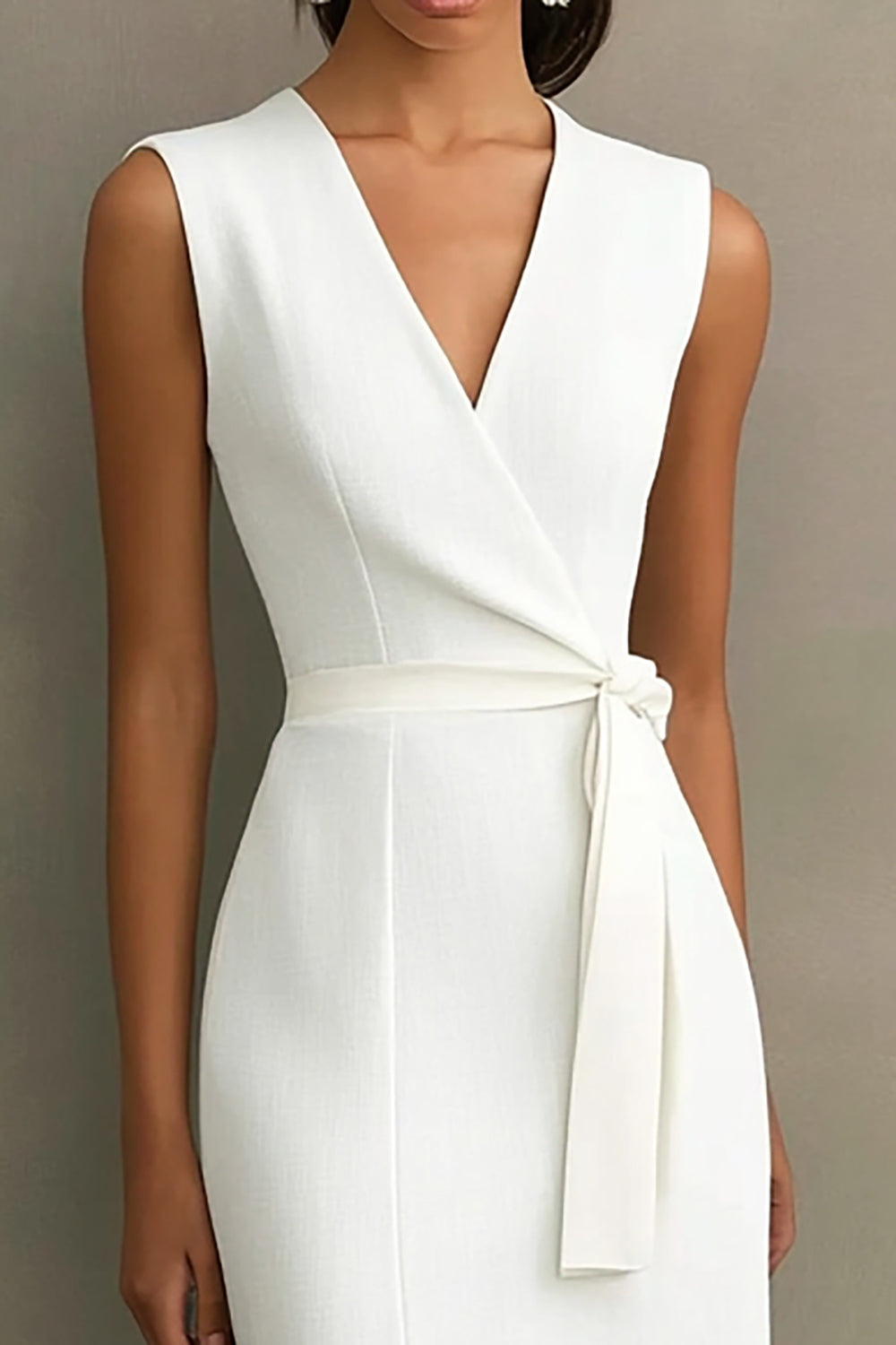 Weißes V-Ausschnitt Satin Standesamtkleid mit Gürtel