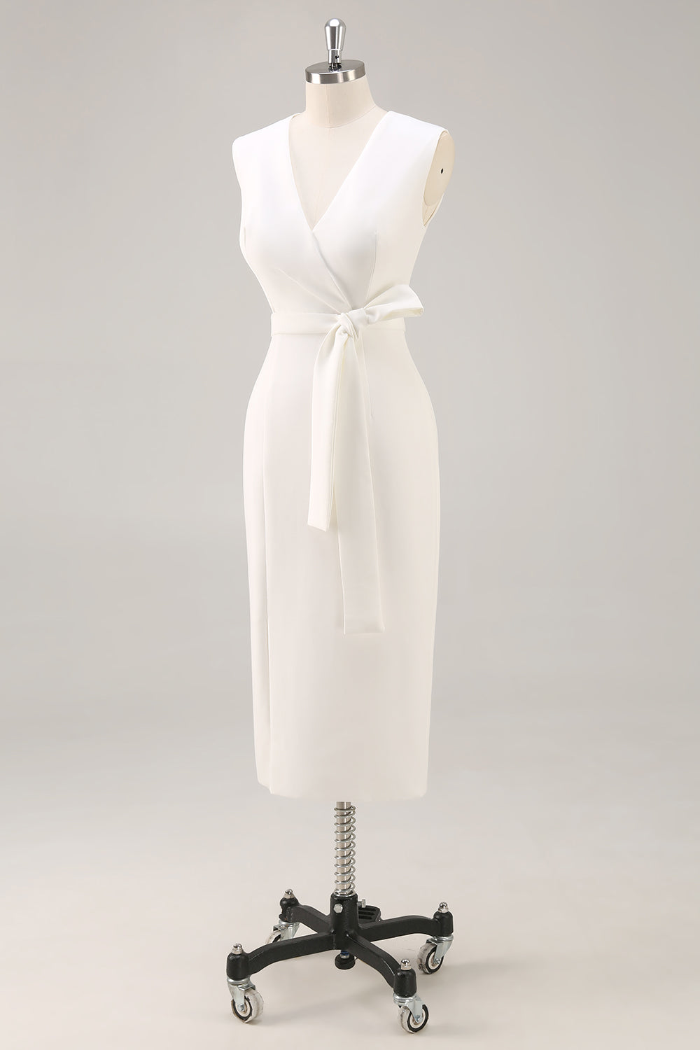 Weißes V-Ausschnitt Satin Standesamtkleid mit Gürtel