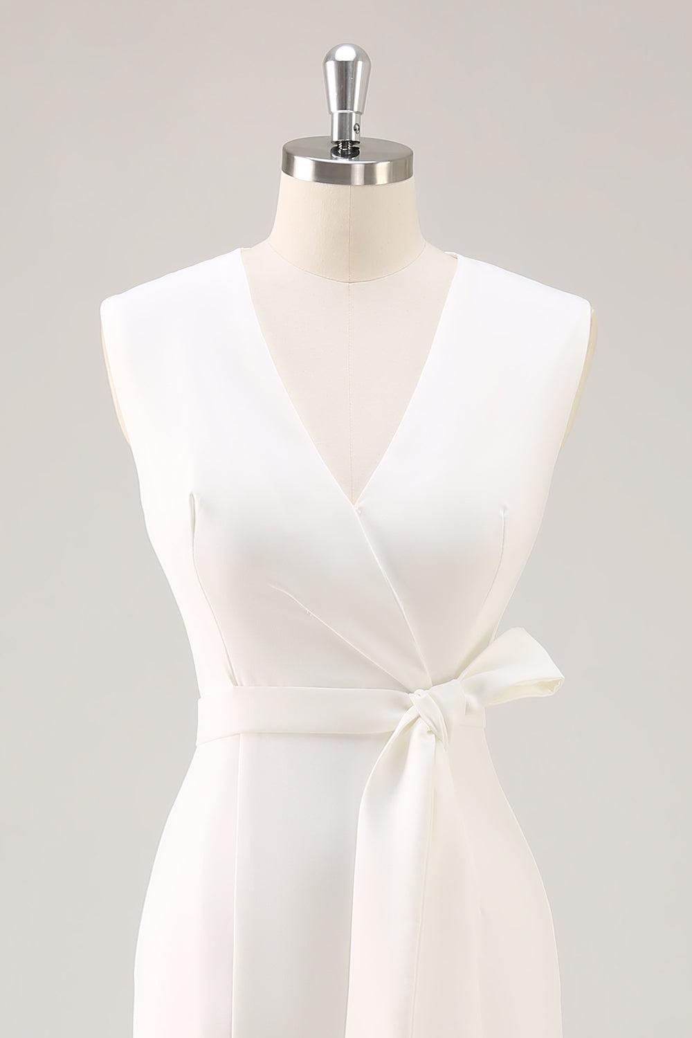 Weißes V-Ausschnitt Satin Standesamtkleid mit Gürtel