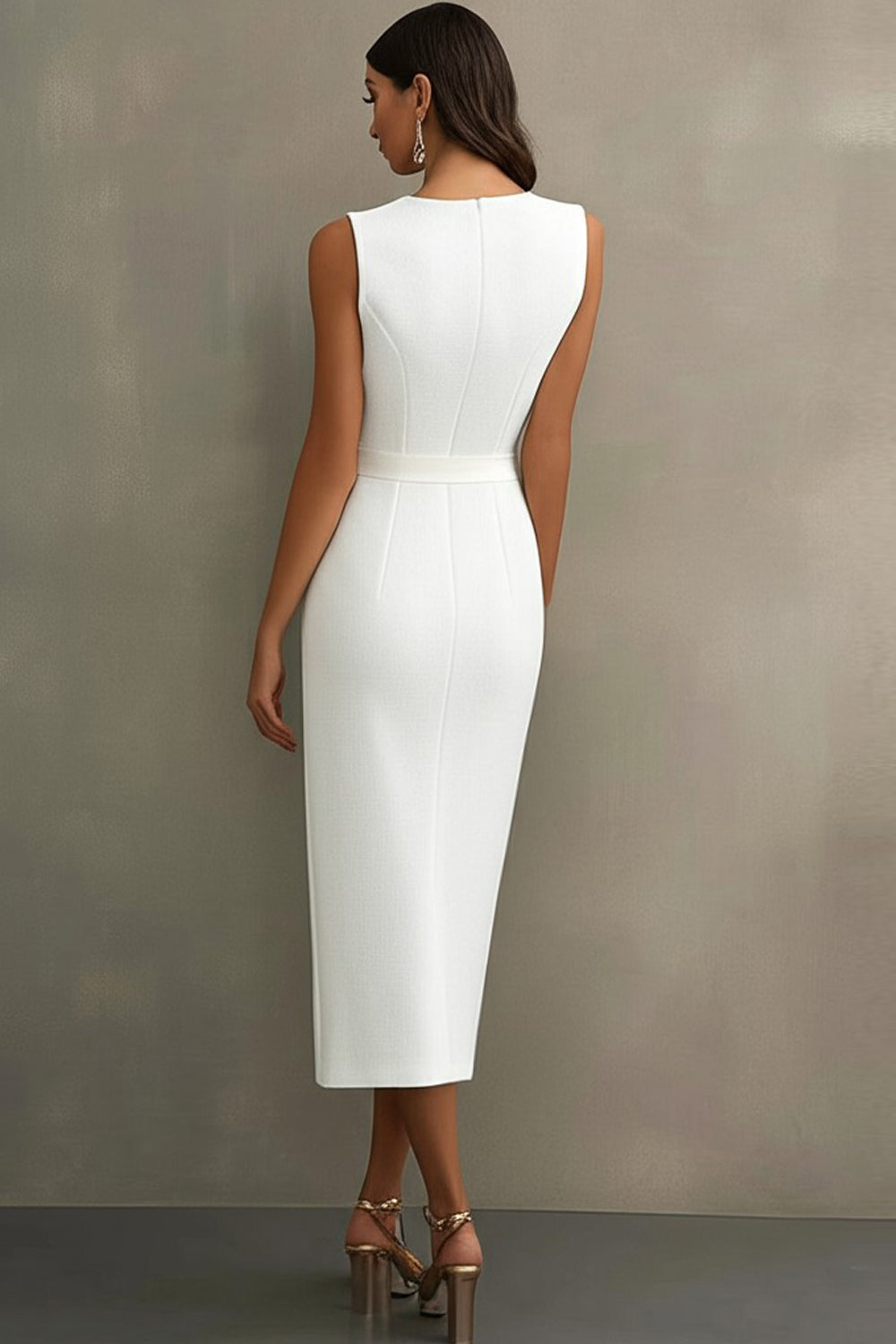 Weißes V-Ausschnitt Satin Standesamtkleid mit Gürtel