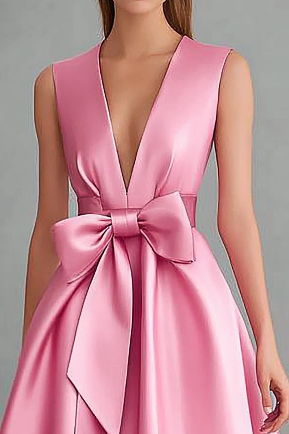 Rosa Midi Partykleid aus Satin mit V-Ausschnitt und Schleife