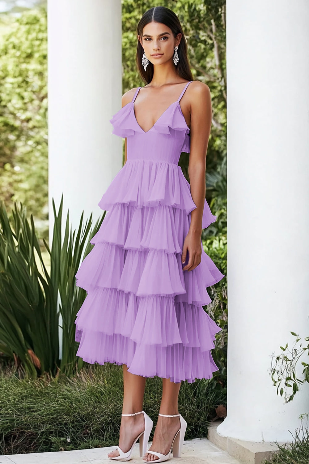 Lila Spaghettiträger Gestuftes Chiffon Abendkleid in A-Linie