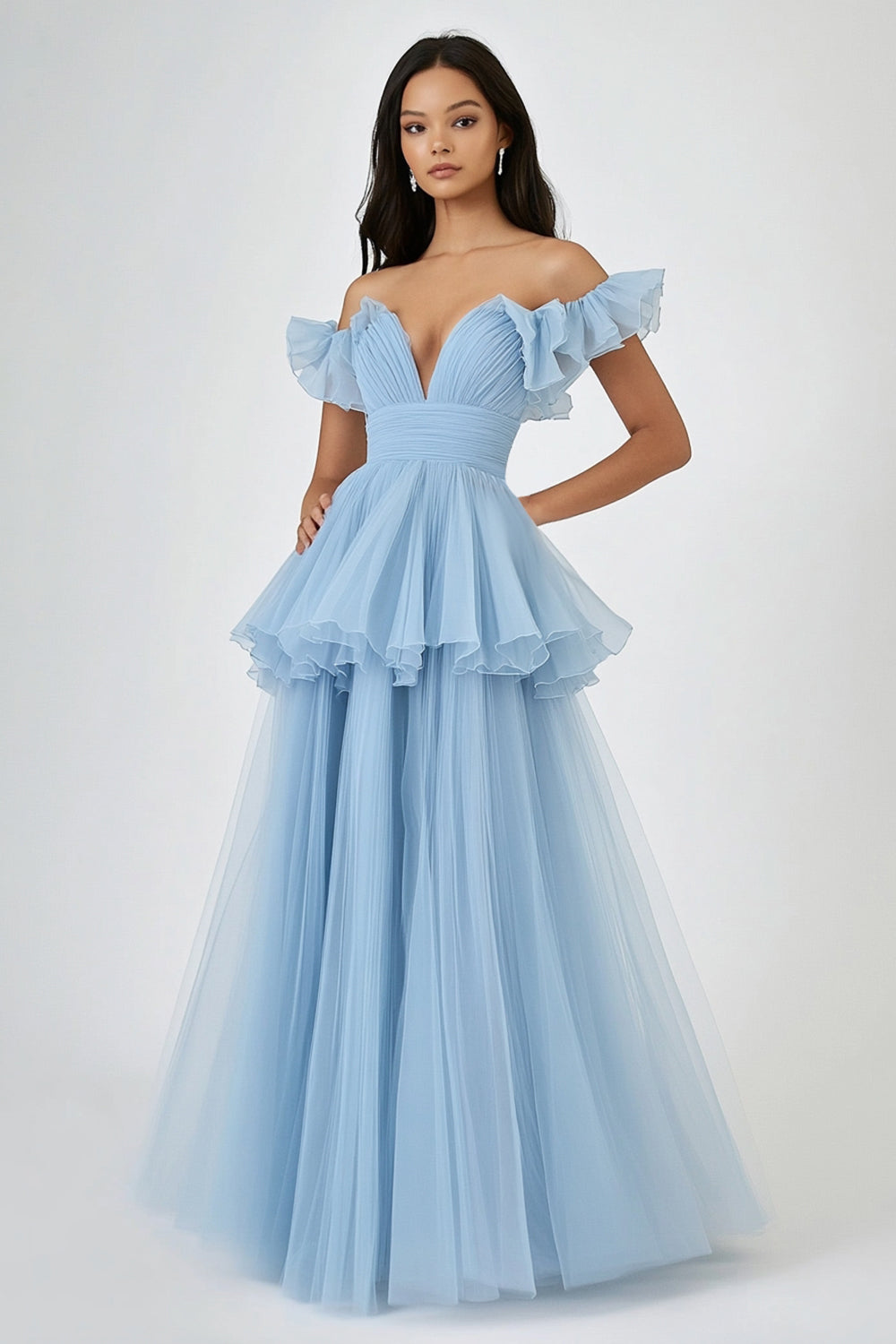 Himmelblaues Schulterfreies Gerafftes Gestuftes Ballkleid in A-Linie