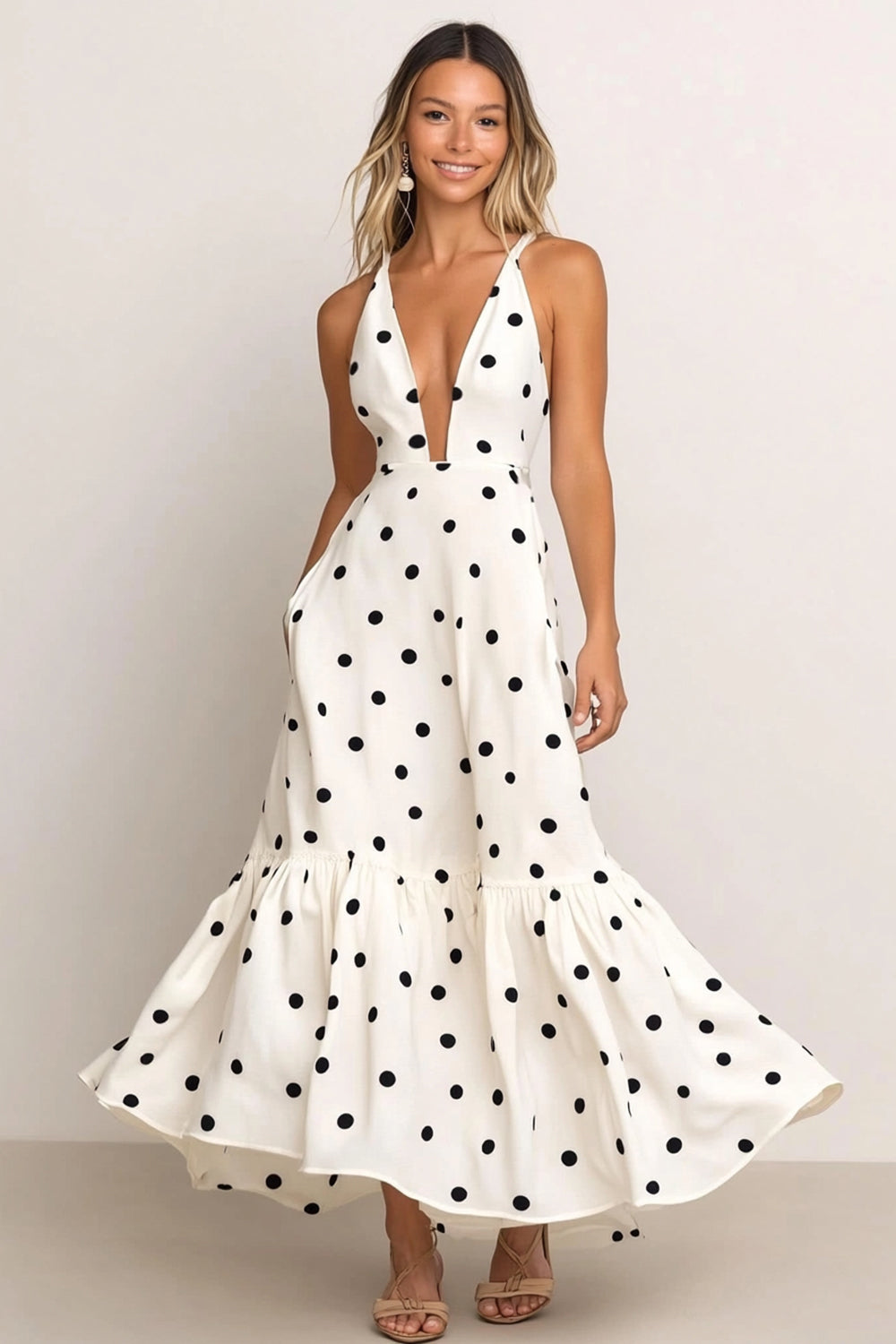 Weißes A-Linie V-Ausschnitt Satin Partykleid mit schwarzen Punkten