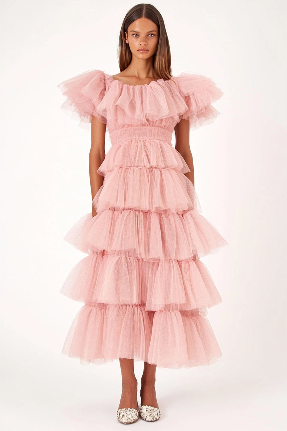 Rosa A-Linie Tüll Gestuftes Rüschen Ballkleid mit kurzen Ärmeln