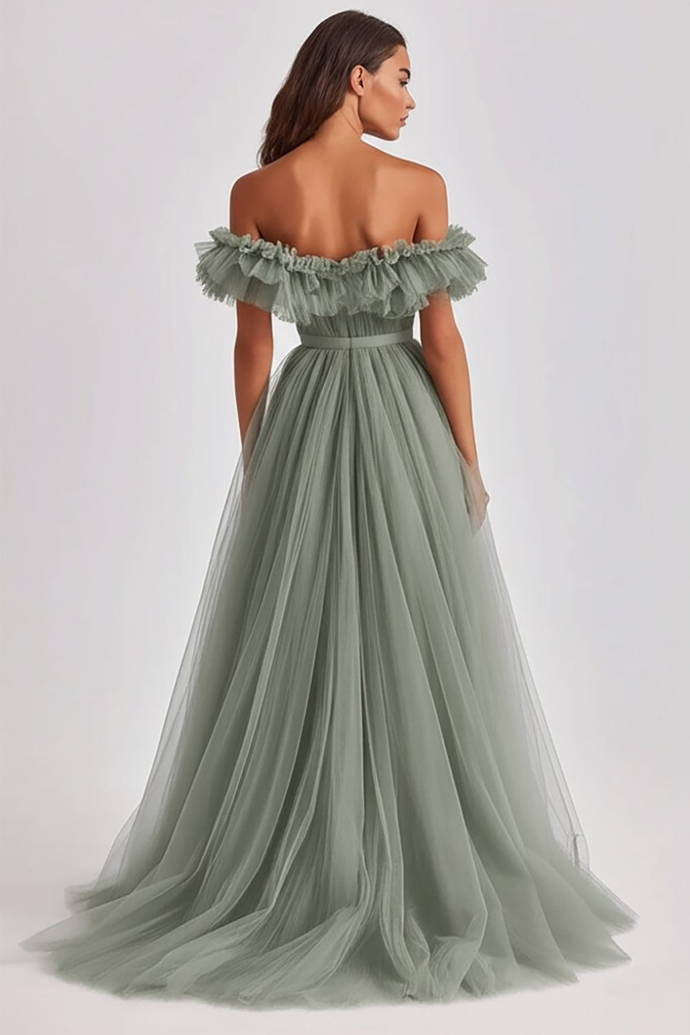 Dusty Sage Schulterfreies Rüschen A Linie Abendkleid