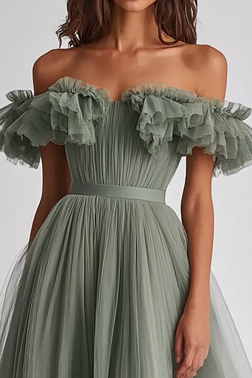 Dusty Sage Schulterfreies Rüschen A Linie Abendkleid