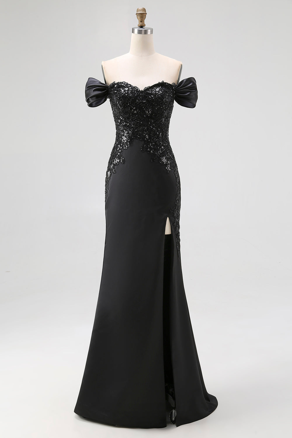 Schwarzes Schulterfreies Satin Meerjungfrauen Galakleid mit Schlitz