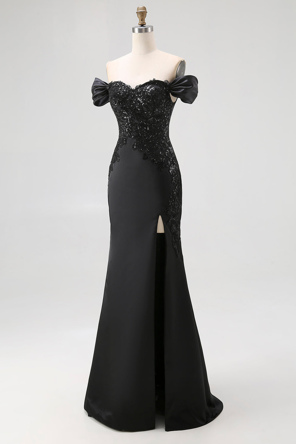 Schwarzes Schulterfreies Satin Meerjungfrauen Ballkleid mit Schlitz