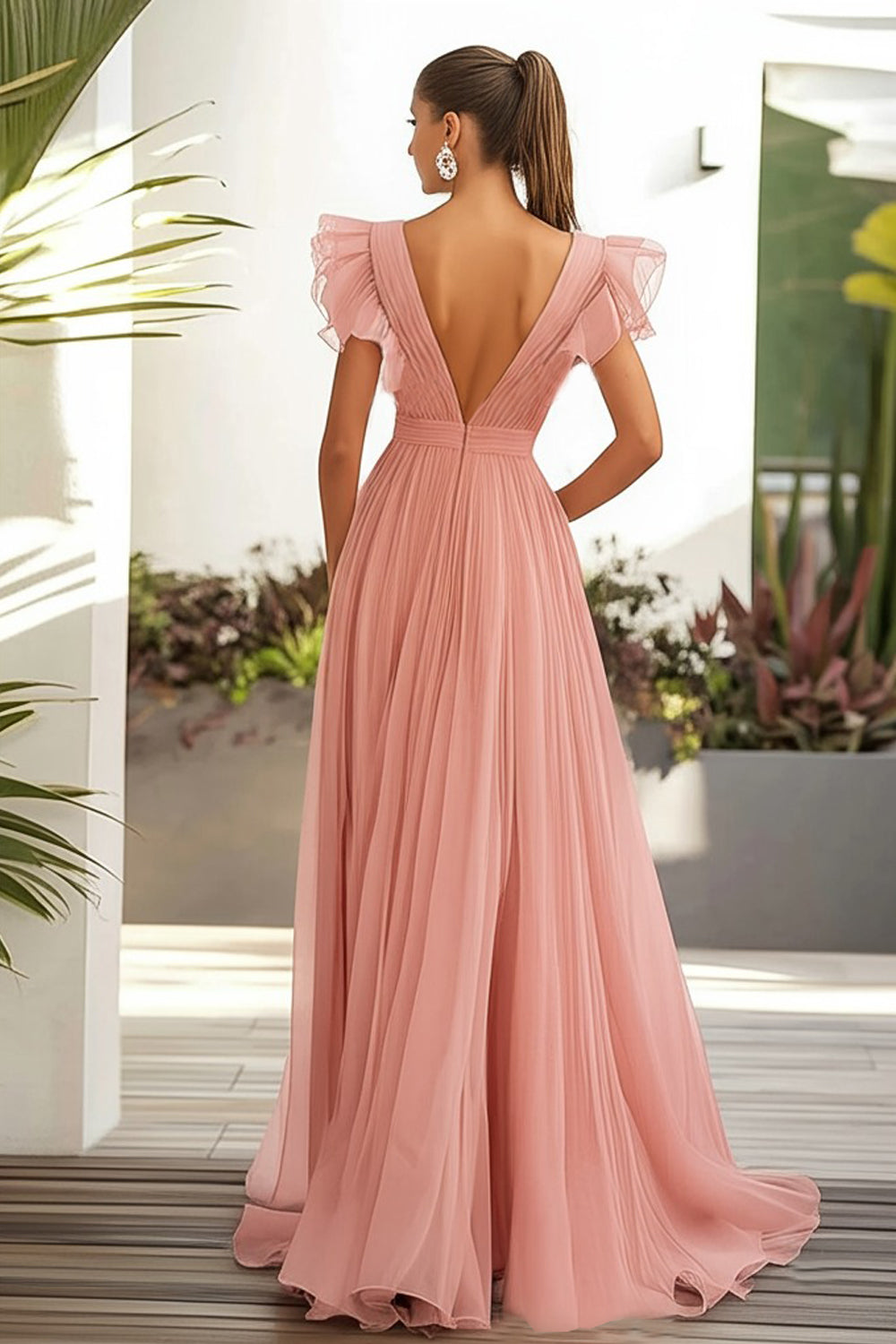 Rosa A-Linie Rüschen V-Ausschnitt Langes Hochzeitsgastkleid