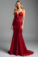Glitzerndes Rotes Meerjungfrau Spaghettiträger Pailletten Langes Ballkleid