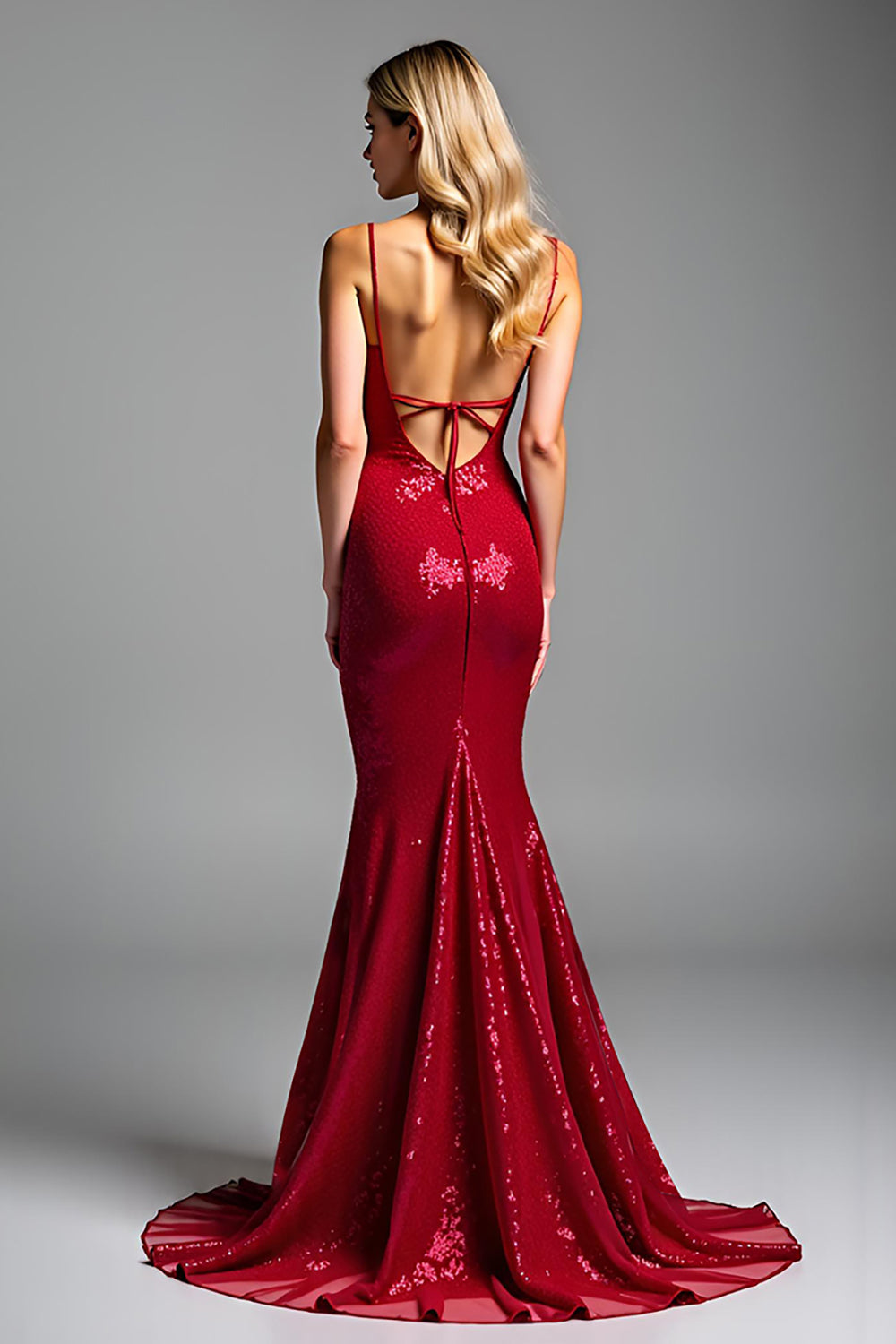 Glitzerndes Rotes Meerjungfrau Spaghettiträger Pailletten Langes Ballkleid