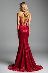 Glitzerndes Rotes Meerjungfrau Spaghettiträger Pailletten Langes Ballkleid