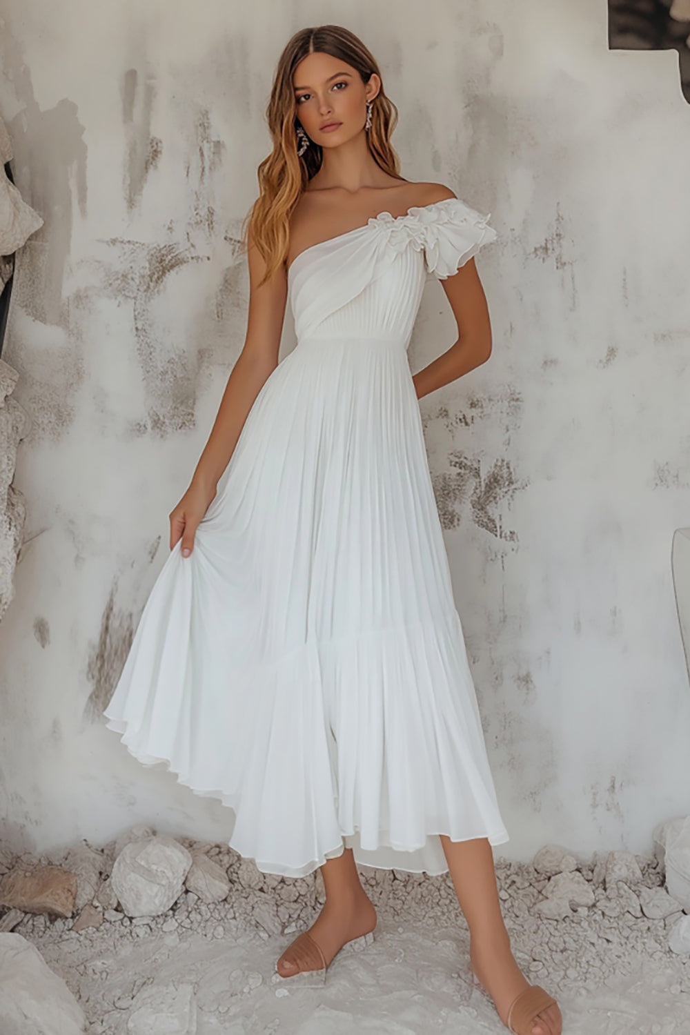 Einschulteriges Plissiertes Weißes Boho Standesamtkleid in A-Linie