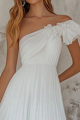 Einschulteriges Plissiertes Weißes Boho Standesamtkleid in A-Linie