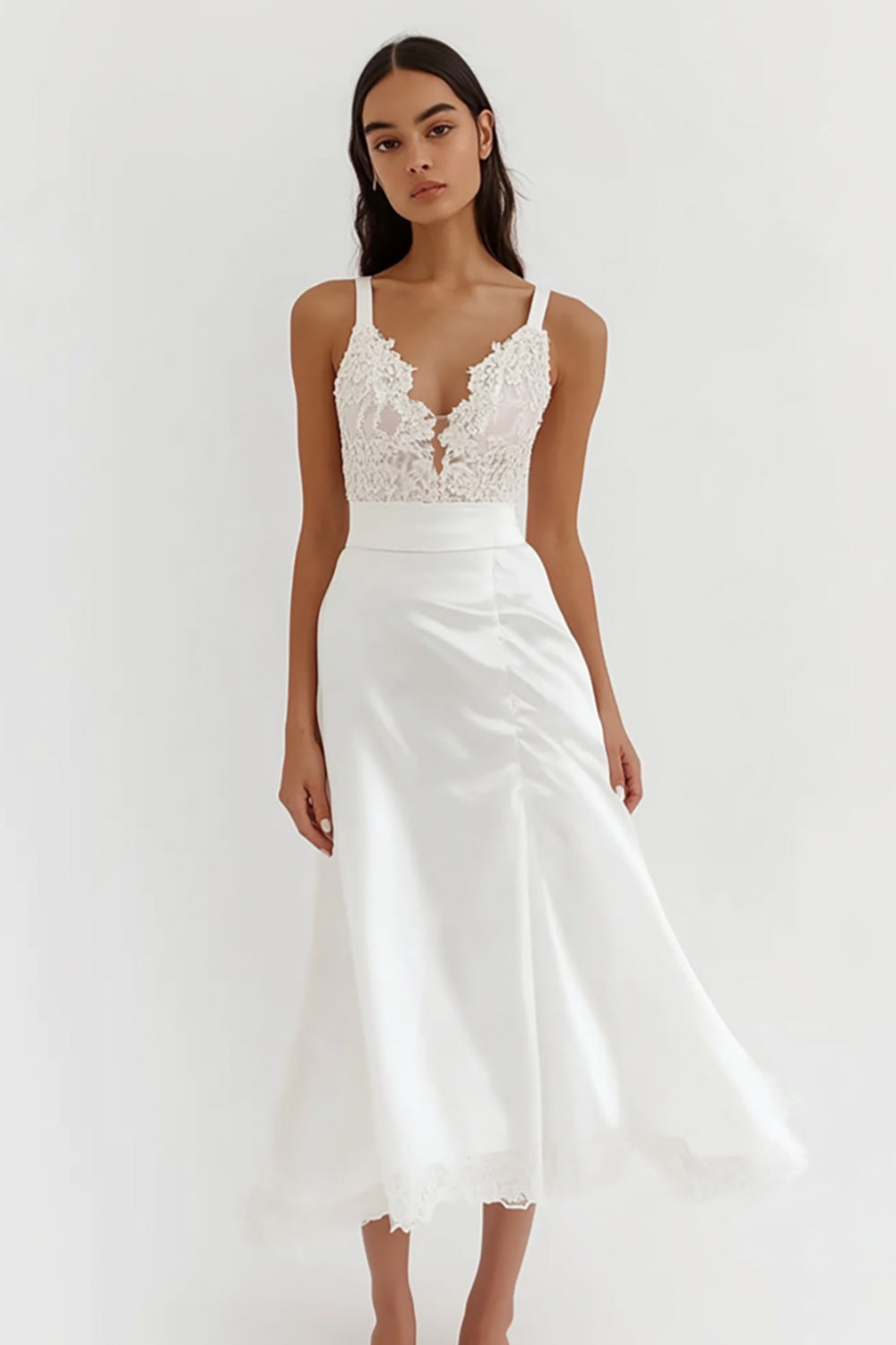 Weißes A-Linie Spaghetti-Träger Standesamtkleid aus Spitze Satin