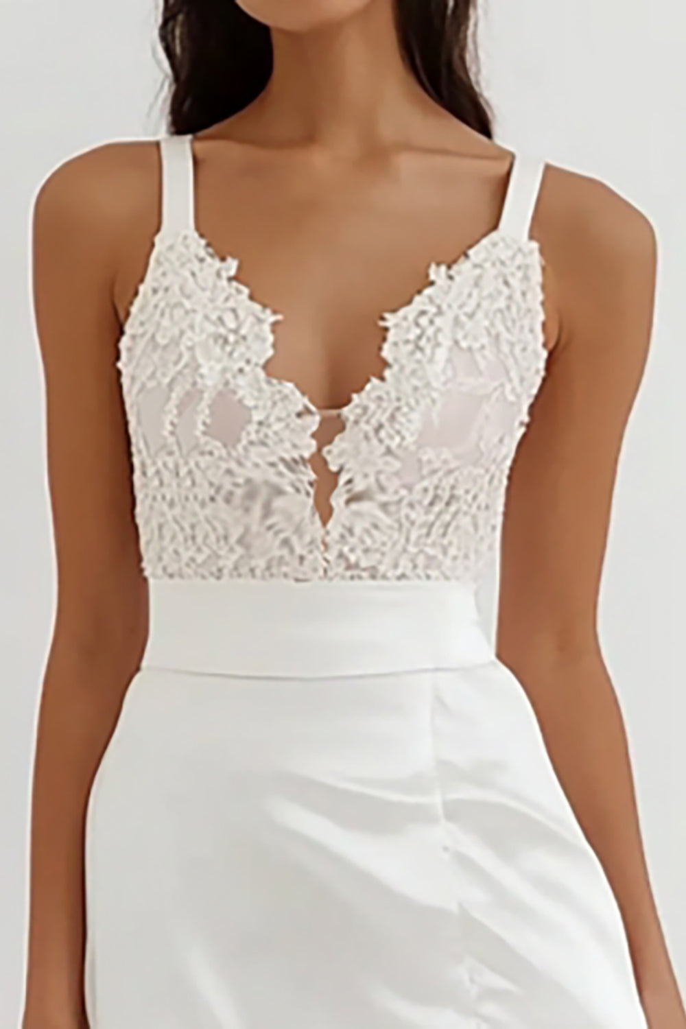 Weißes A-Linie Spaghetti-Träger Standesamtkleid aus Spitze Satin
