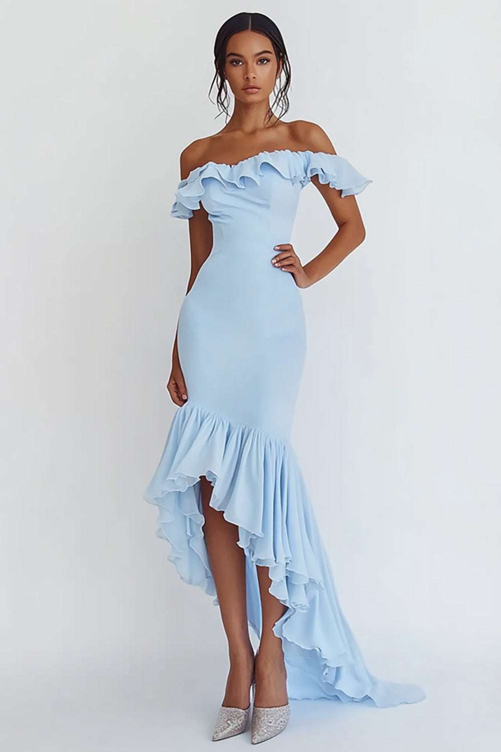Meerjungfrau Himmelblaues Schulterfreies Rüschen Langes Ballkleid