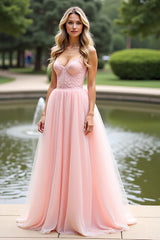 Rosa A-Linie Spaghettiträger Langes Ballkleid mit Spitze