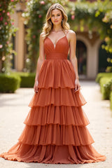 Terrakotta Ballkleid in A-Linie mit V-Ausschnitt und Rüschen