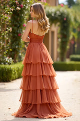 Terrakotta Ballkleid in A-Linie mit V-Ausschnitt und Rüschen