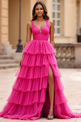 Fuchsia A-Linie Tüll Ballkleid mit V-Ausschnitt und Rüschen