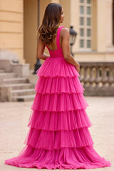 Fuchsia A-Linie Tüll Ballkleid mit V-Ausschnitt und Rüschen