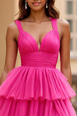 Fuchsia A-Linie Tüll Ballkleid mit V-Ausschnitt und Rüschen