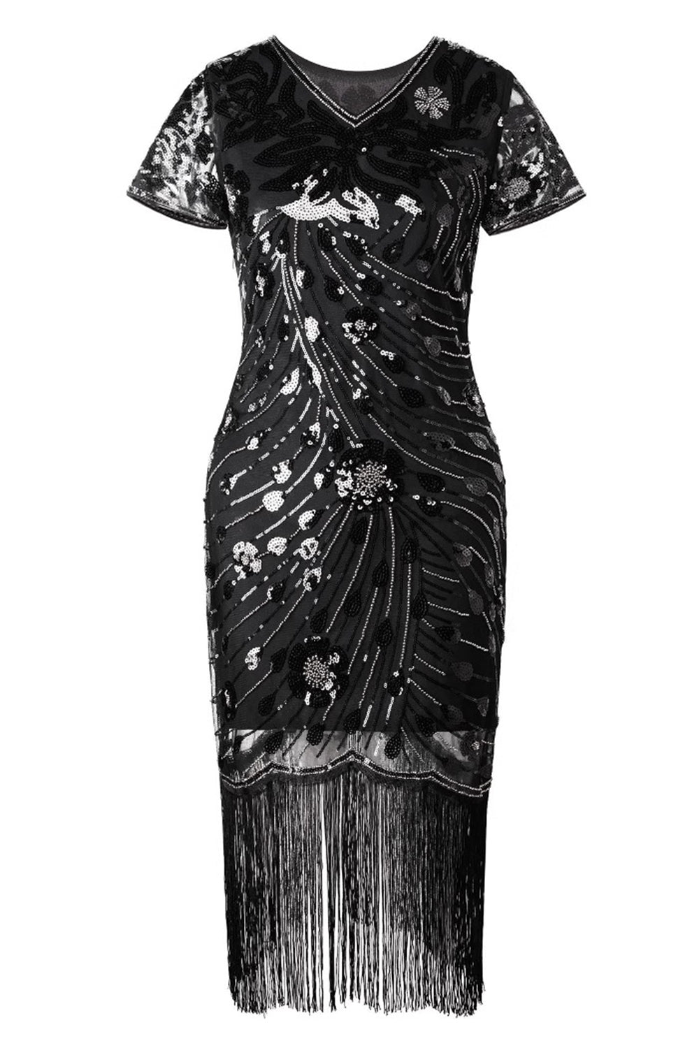 Glitzerndes V-Ausschnitt Schwarzes Goldenes Kleid aus den 1920er Jahren mit kurzen Ärmeln