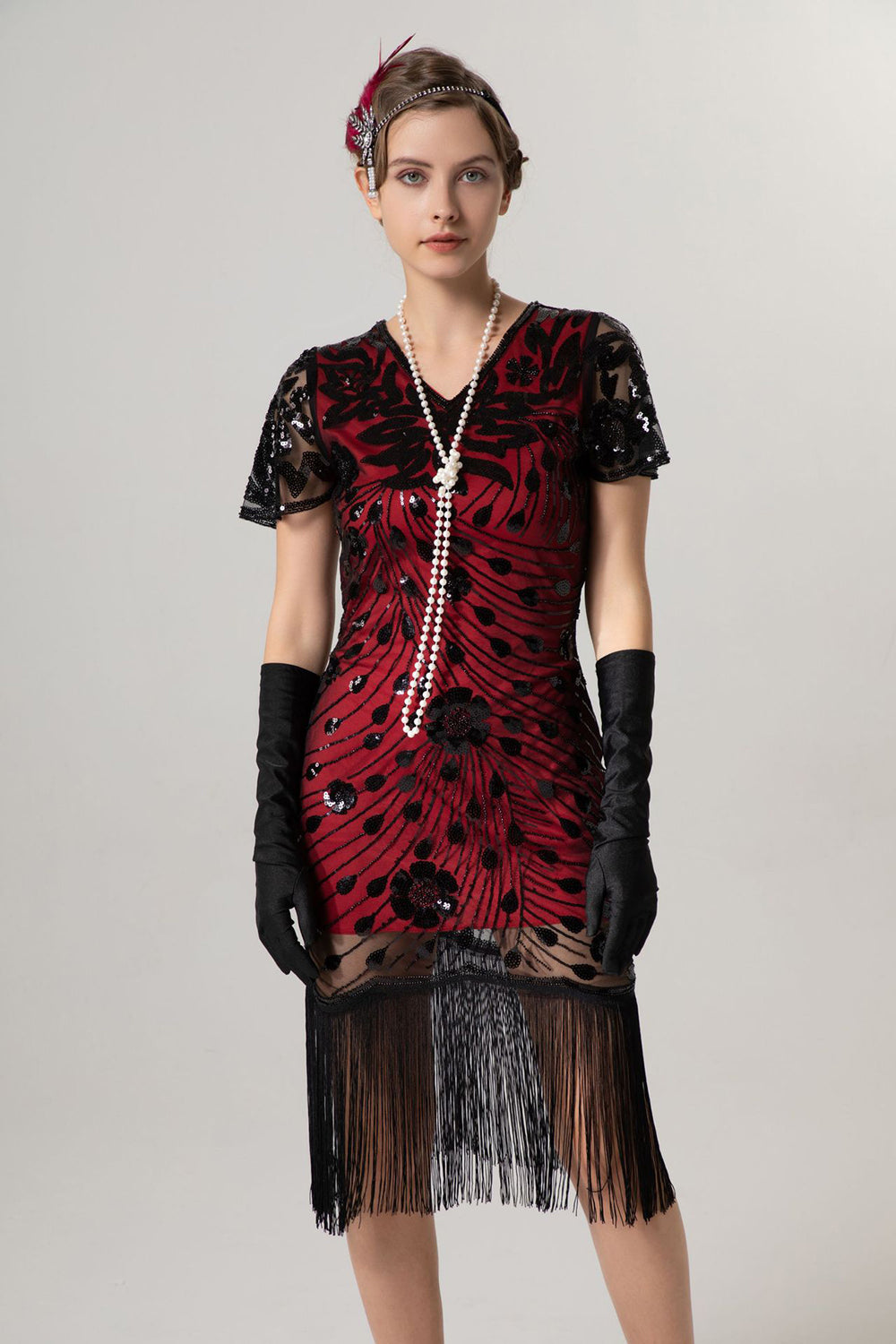Glitzerndes V-Ausschnitt Schwarzes Goldenes Kleid aus den 1920er Jahren mit kurzen Ärmeln