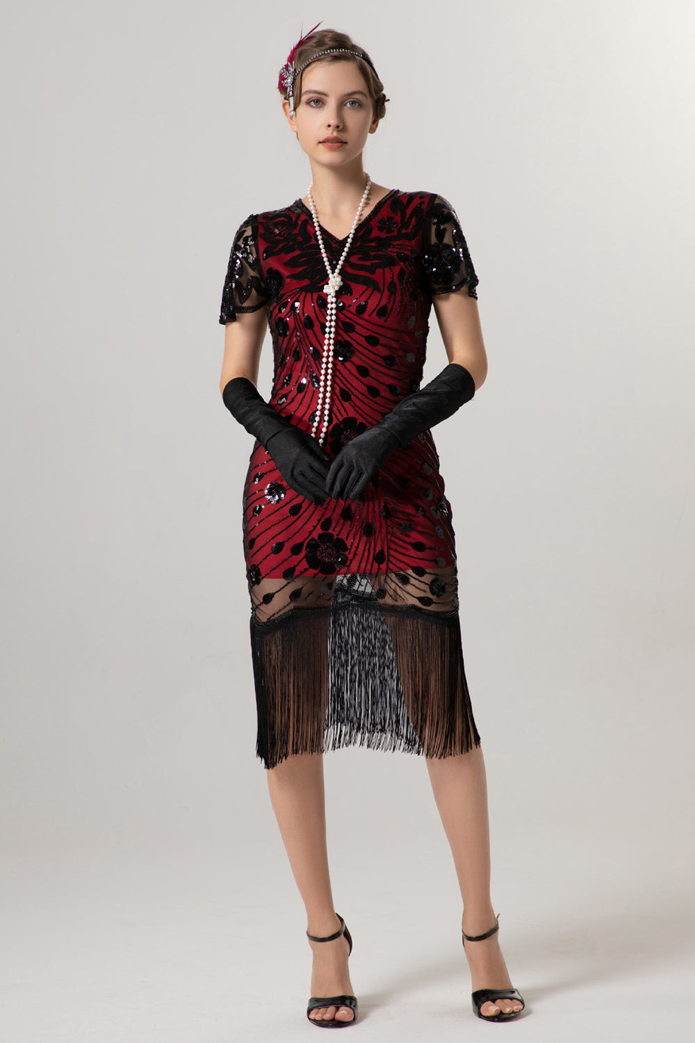 Glitzerndes V-Ausschnitt Schwarzes Goldenes Kleid aus den 1920er Jahren mit kurzen Ärmeln