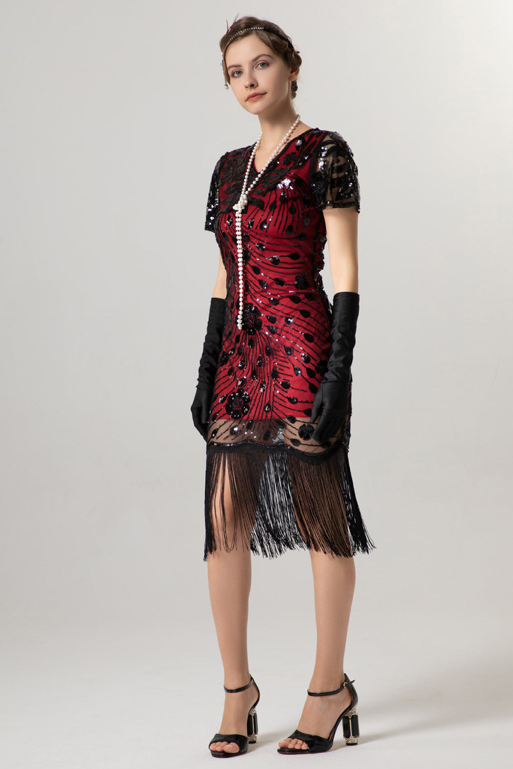 Glitzerndes V-Ausschnitt Schwarzes Goldenes Kleid aus den 1920er Jahren mit kurzen Ärmeln