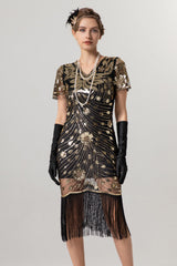 Glitzerndes V-Ausschnitt Schwarzes Goldenes Kleid aus den 1920er Jahren mit kurzen Ärmeln