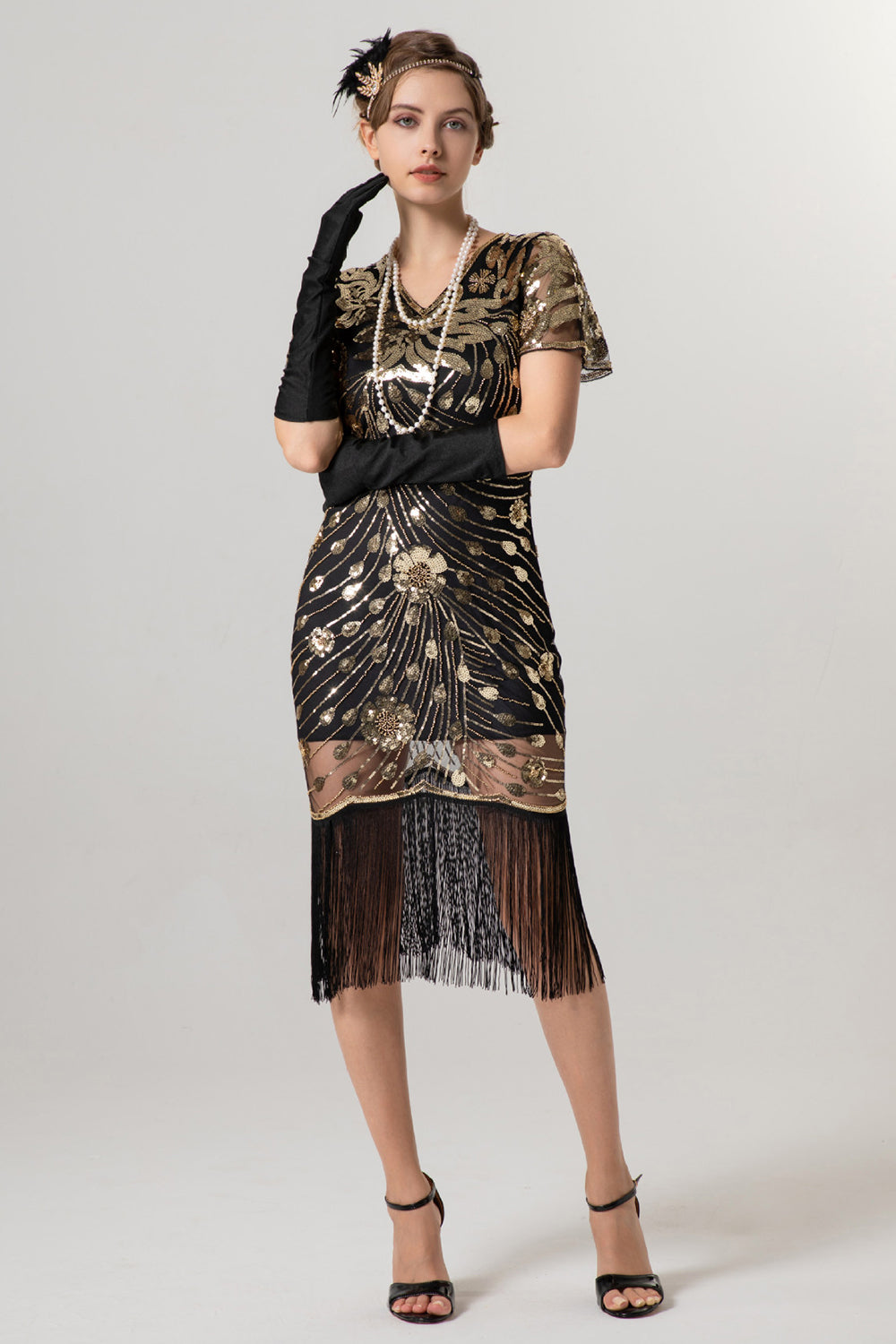 Glitzerndes V-Ausschnitt Schwarzes Goldenes Kleid aus den 1920er Jahren mit kurzen Ärmeln