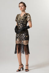Glitzerndes V-Ausschnitt Schwarzes Goldenes Kleid aus den 1920er Jahren mit kurzen Ärmeln