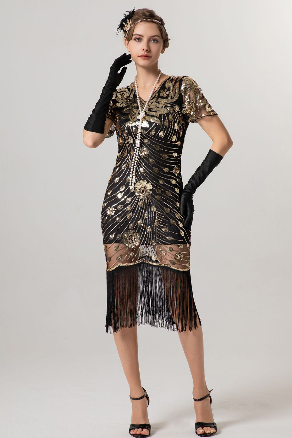Glitzerndes V-Ausschnitt Schwarzes Goldenes Kleid aus den 1920er Jahren mit kurzen Ärmeln