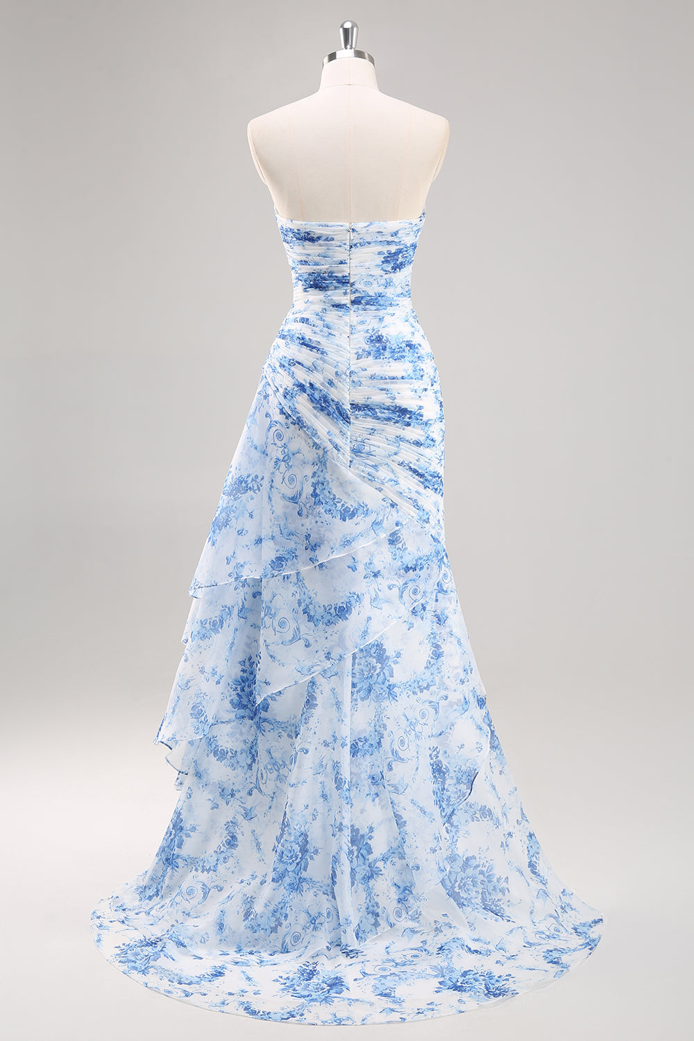 Trägerloses Meerjungfrauen Ballkleid in Weiß und Blau mit Blumenmuster