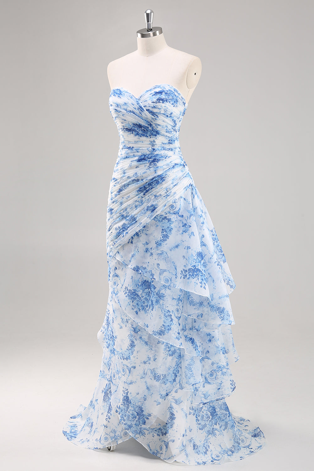 Trägerloses Meerjungfrauen Ballkleid in Weiß und Blau mit Blumenmuster