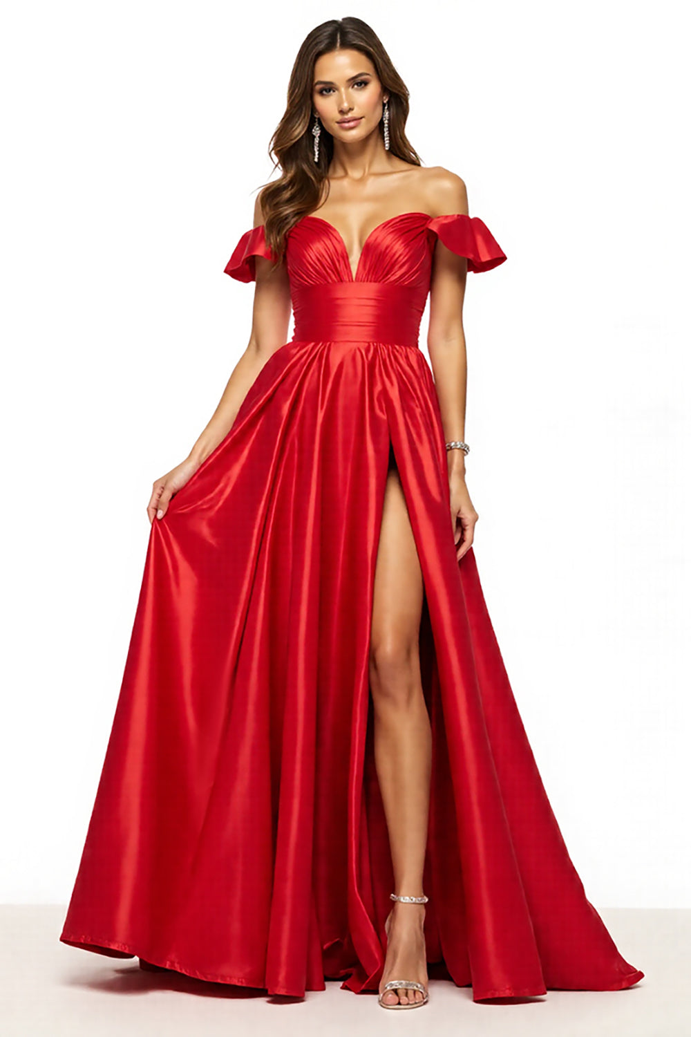 A-Linie Schulterfreies Rotes Ballkleid mit Schlitz