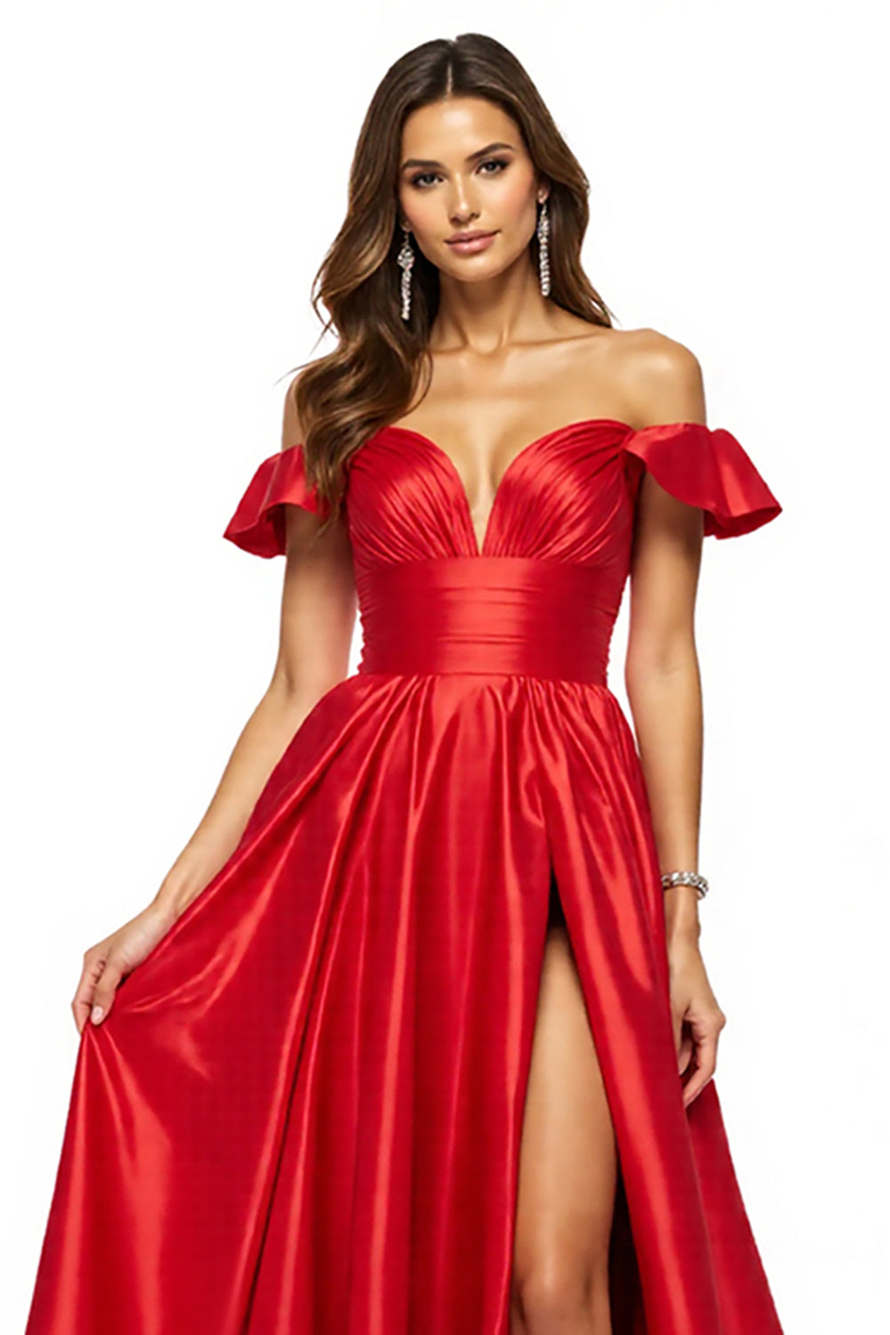 A-Linie Schulterfreies Rotes Ballkleid mit Schlitz