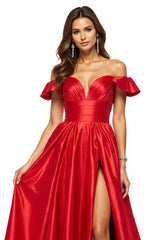 A-Linie Schulterfreies Rotes Ballkleid mit Schlitz