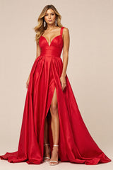 Rotes A-Linie Spaghettiträger Ballkleid mit Schlitz